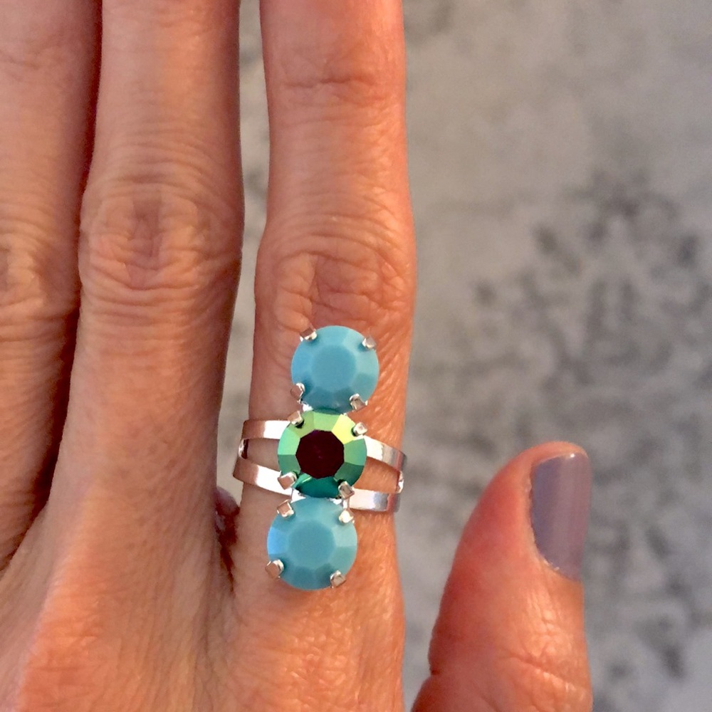 Turquoise + Peacock Teal Silver Crystal Statement Ring - Picture 6 of 10